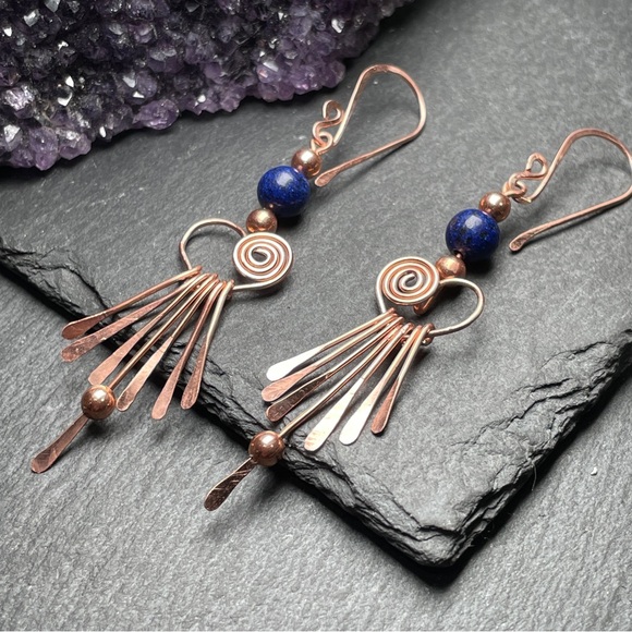 Genuine Blue Lapiz Lazuli Beaded Fringe Copper Earrings Artisan Designed - Picture 11 of 15